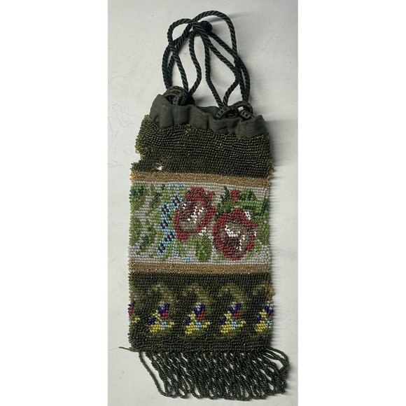Antique Victorian Drawstring Beaded Purse 19th C. Art Nouveau Bag Glass - Picture 3 of 16